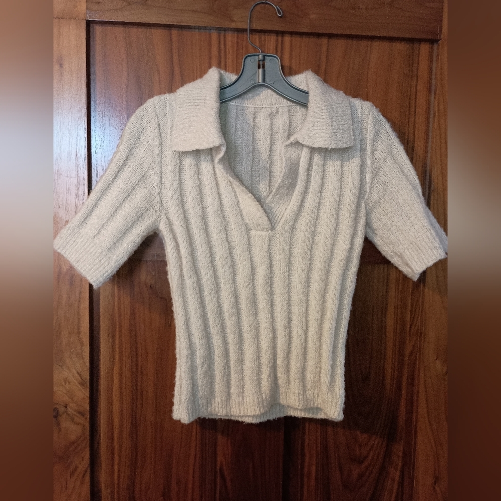 Soft Knit V-Neck Collared Sweater - Cream